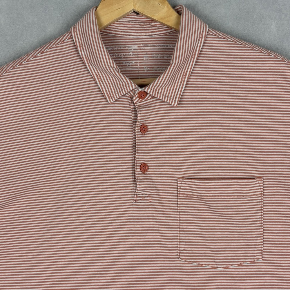 Patagonia Daily Polo Shirt Men’s Large Orange Striped Organic Cotton Casual